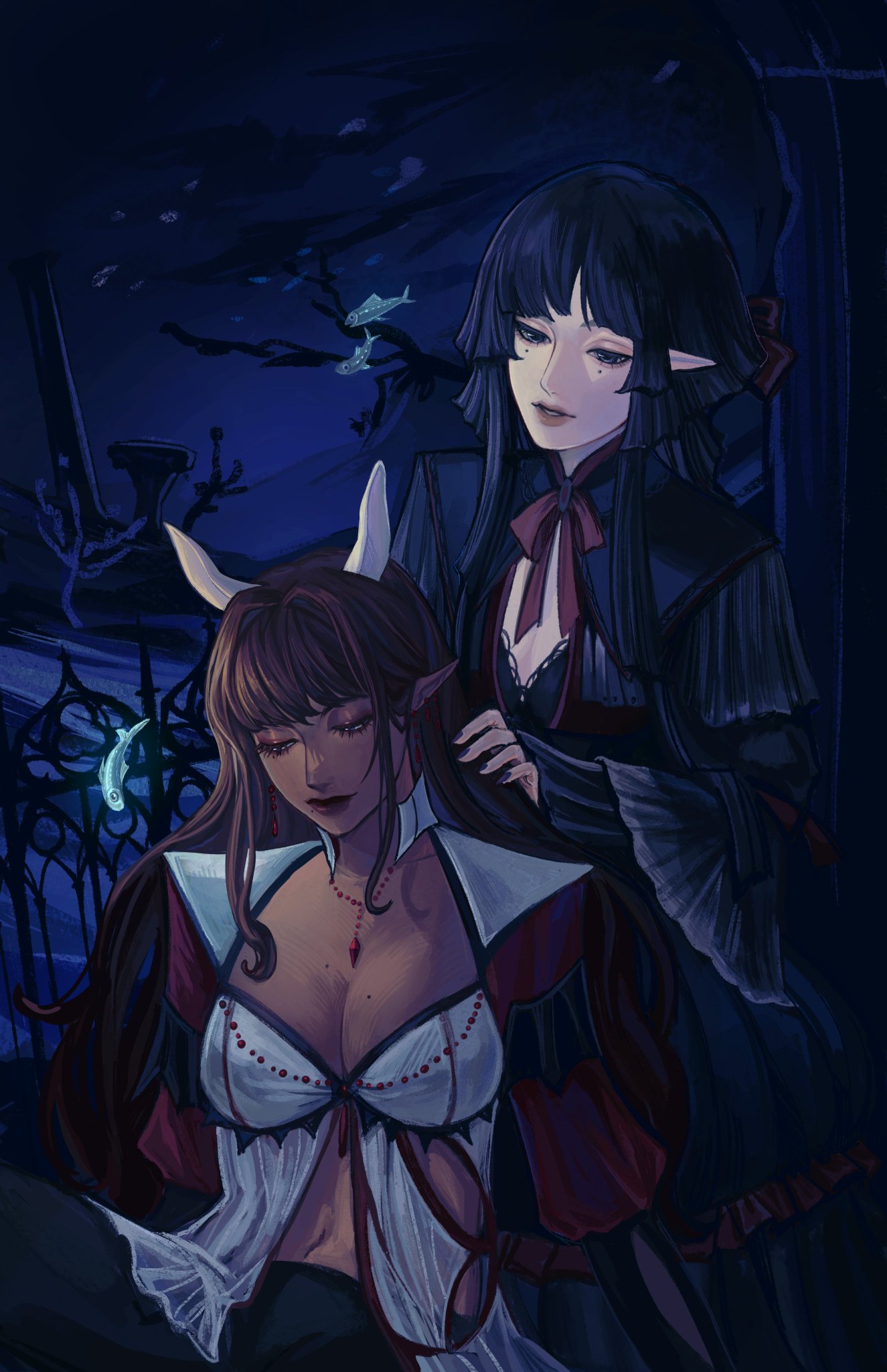 the image is a digital painting of two anime girls. the girl in the foreground is wearing a white dress with a red bow and has long brown hair. the girl in the background is wearing a black dress with a white bow and has long black hair. they are both standing in a dark and mysterious setting. there are some fish swimming in the water behind them. the image is very detailed and beautifully drawn.