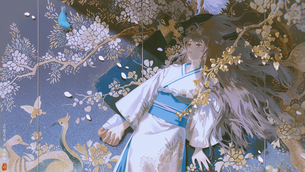 this image depicts a young anime girl in a traditional white kimono with blue accents, lying peacefully on a bed of delicate blue and white flowers. her long brown hair flows around her like a gentle waterfall, and her eyes are closed as if she is lost in a dream. the image is full of soft lighting and subtle details, creating a sense of peace and tranquility. the petals of the flowers seem to be falling around her, adding to the ethereal atmosphere. the image is a beautiful example of digital art and fantasy, showcasing a serene and magical world.