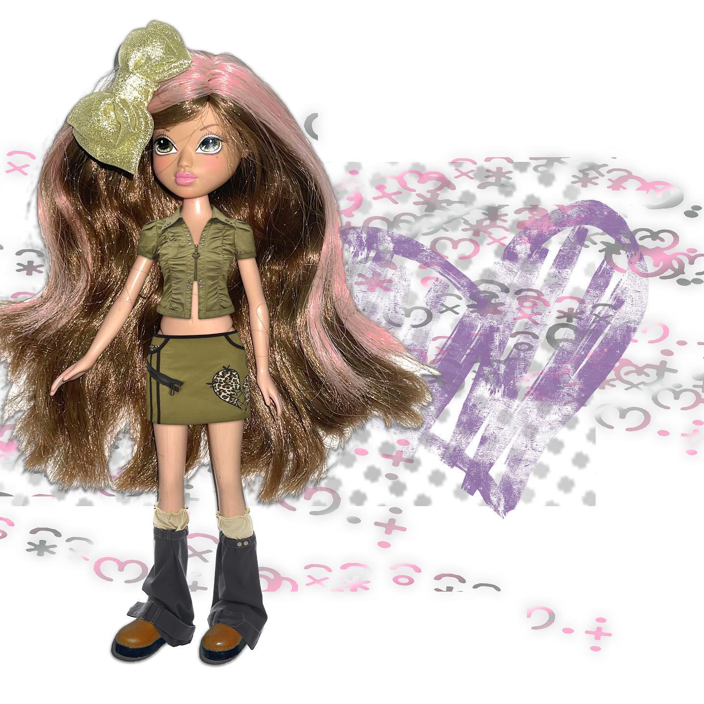 a closeup studio shot of a bratz sasha doll against a stylized white background.  the doll has long brown hair with pink highlights, a large gold bow, and is wearing a khaki green outfit consisting of a zipped top and mini skirt. she's also wearing dark gray or black boots. the background features a playful, abstract design with various symbols, hearts and brushstrokes in shades of grey, purple and pink.  the overall style is vibrant and playful, suggestive of teen fashion.