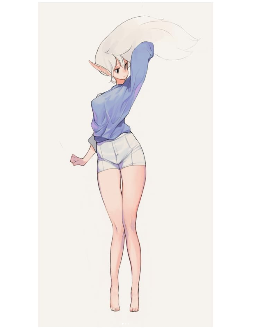 a fullbody illustration showcasing a stylized female elf with long, flowing white hair. she strikes a casual pose with one hand casually lifting her hair.  she wears a loosefitting blue sweater and white shorts. the style leans towards a pinup aesthetic with exaggerated proportions and a soft, almost dreamlike quality to the rendering.