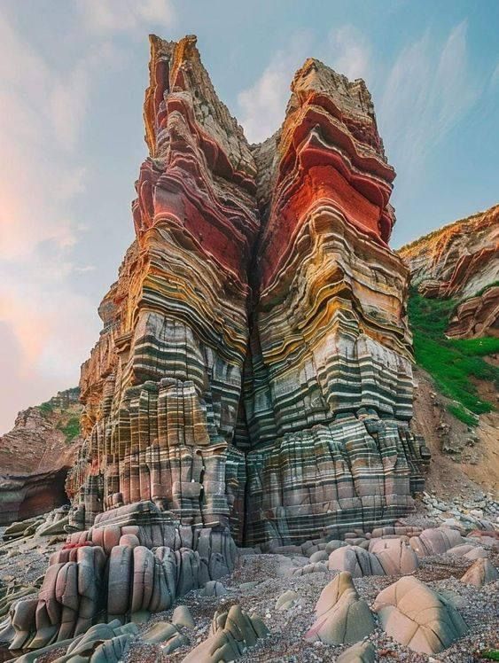 a stunning view of a multicolored layered rock formation.  the rock is striped in a variety of colors, including red, orange, yellow, and gray.  the formation is located on a beach and is surrounded by smaller rocks and pebbles.  the sky is a clear blue with a few clouds in the background.  the rock formation is a testament to the power and beauty of nature.