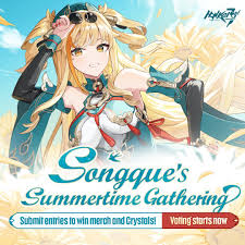 an image promoting a "songque's summertime gathering" event for honkai impact 3rd. it features an animestyle illustration of a blondehaired, yelloweyed girl named songque wearing sunglasses, with promotional text indicating that entries can be submitted to win merchandise and crystals, and that voting has started. the background includes a sky and a sunlike burst.