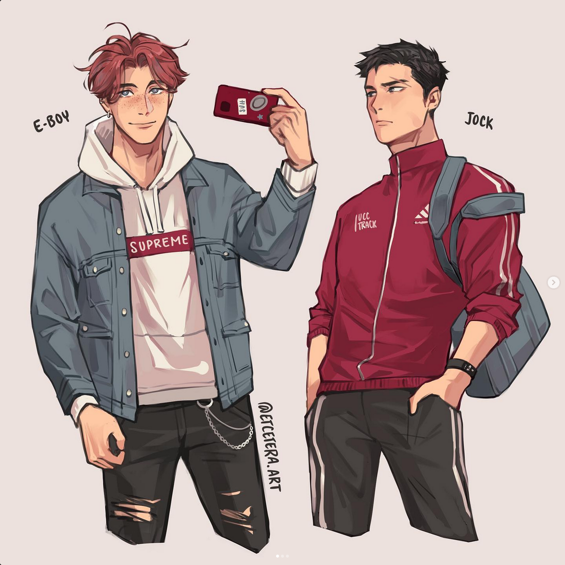 the image is a stylized drawing of two teenage boys. on the left, labeled "eboy", is a boy with dyed red hair and freckles wearing a supreme hoodie, a blue denim jacket, and ripped black jeans. he's posing while taking a selfie with his phone. on the right, labeled "jock", is a boy with short black hair and a neutral expression wearing a red track jacket with the word "track" written on it and black sweatpants. he's carrying a black backpack and looking to the side. the drawing is in an animeinspired style.