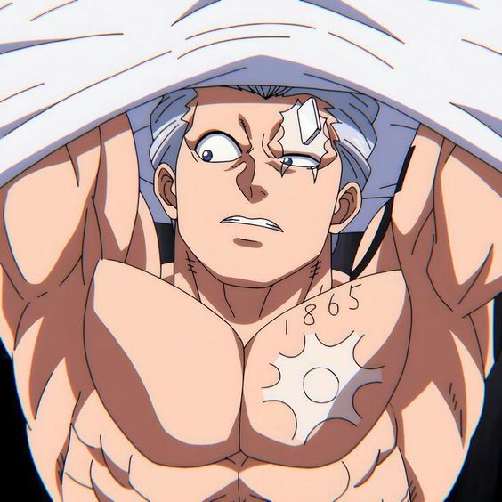a closeup illustration of a muscular anime man with spiky white hair and a scar over his left eye. he is pulling up a white shirt, revealing his toned physique. he has a surprised expression on his face. a tattoo of the number "1865" and a sunlike design is visible on his left pectoral muscle. the lighting is bright, likely studio lighting, and the perspective is from a low angle.