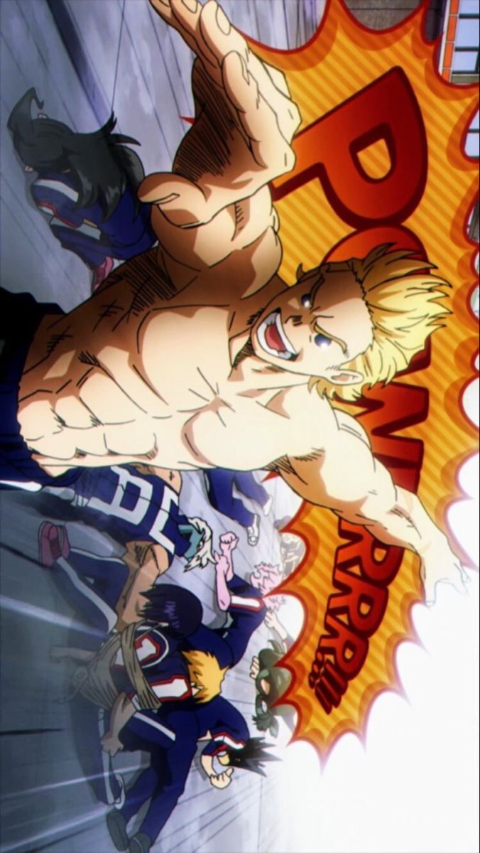 this is a digital illustration from the anime series my hero academia. the character is shown with a strong, muscular physique, smiling brightly as he uses his quirk to attack, with an explosion of power behind him.  the image is full of action and energy.