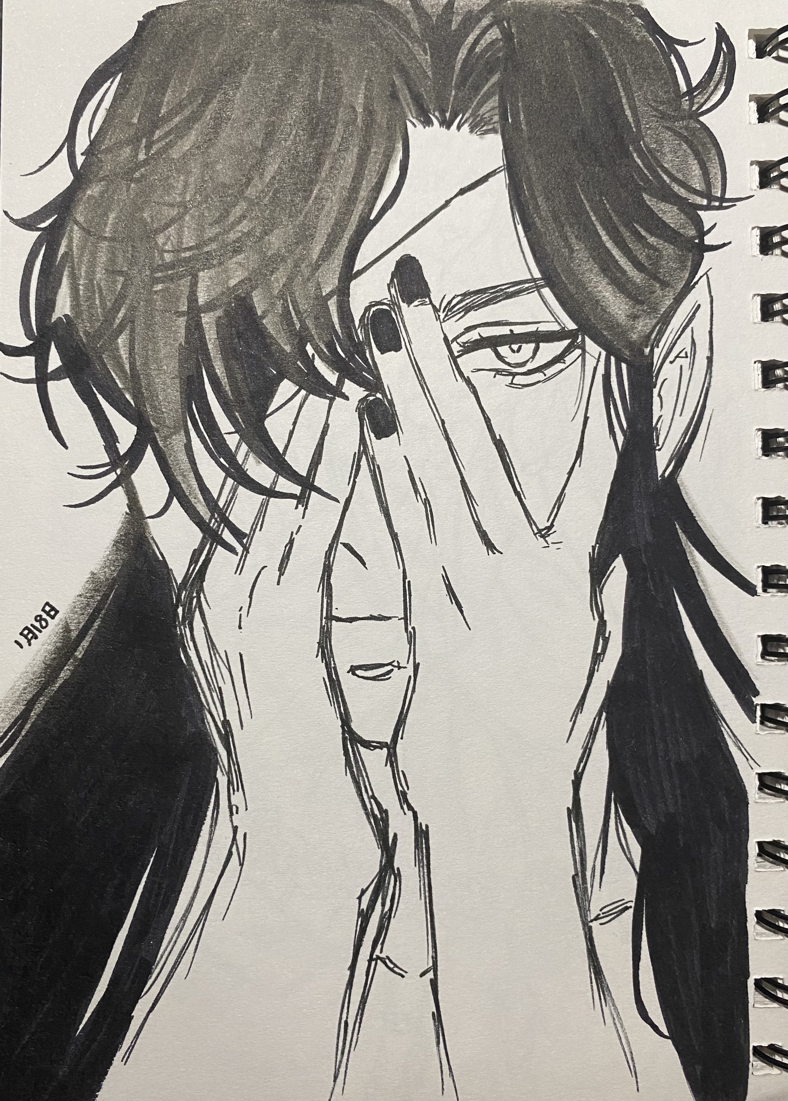 captivating monochrome ink drawing of a man with long, dark hair partially covering his face. his hands are raised, one obscuring one of his eyes, creating an air of mystery and emotional depth. the style is reminiscent of anime or manga, with detailed shading and expressive lines. the overall mood is melancholic and introspective.