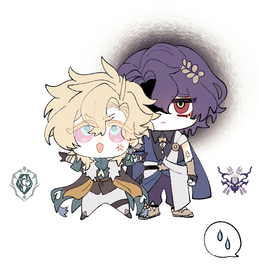 this is a digital fanart depicting chibi versions of albedo and scaramouche from the popular video game genshin impact.  the art style is cute and slightly cartoonish. albedo, with blond hair, appears to be slightly annoyed or flustered, while scaramouche, with purple hair, has a neutral expression.  they are drawn close together, suggesting a relationship or interaction between the characters.  small symbols, possibly representing ingame elements, are included in the background. a speech bubble with raindrops suggests a lighthearted or emotional context. the overall style is consistent with online fanart styles prevalent for the game.