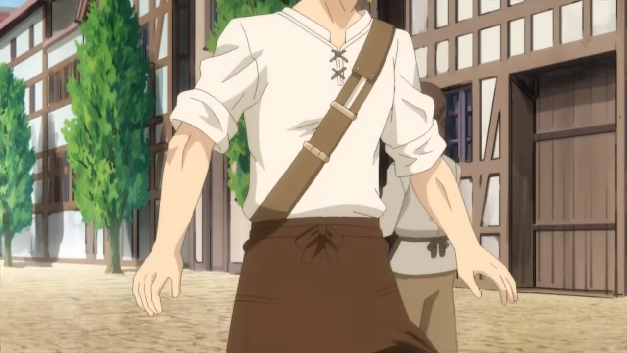 a young man with short hair and muscular build is running down a street in what appears to be a small town. he's wearing a white, shortsleeved tunic, brown pants, and a brown leather apron. he has a brown leather strap across his chest. there are trees lining the street, and other people can be seen walking in the background. the buildings appear to be tudorstyle with halftimbered walls. the image is brightly lit, suggesting it's daytime.