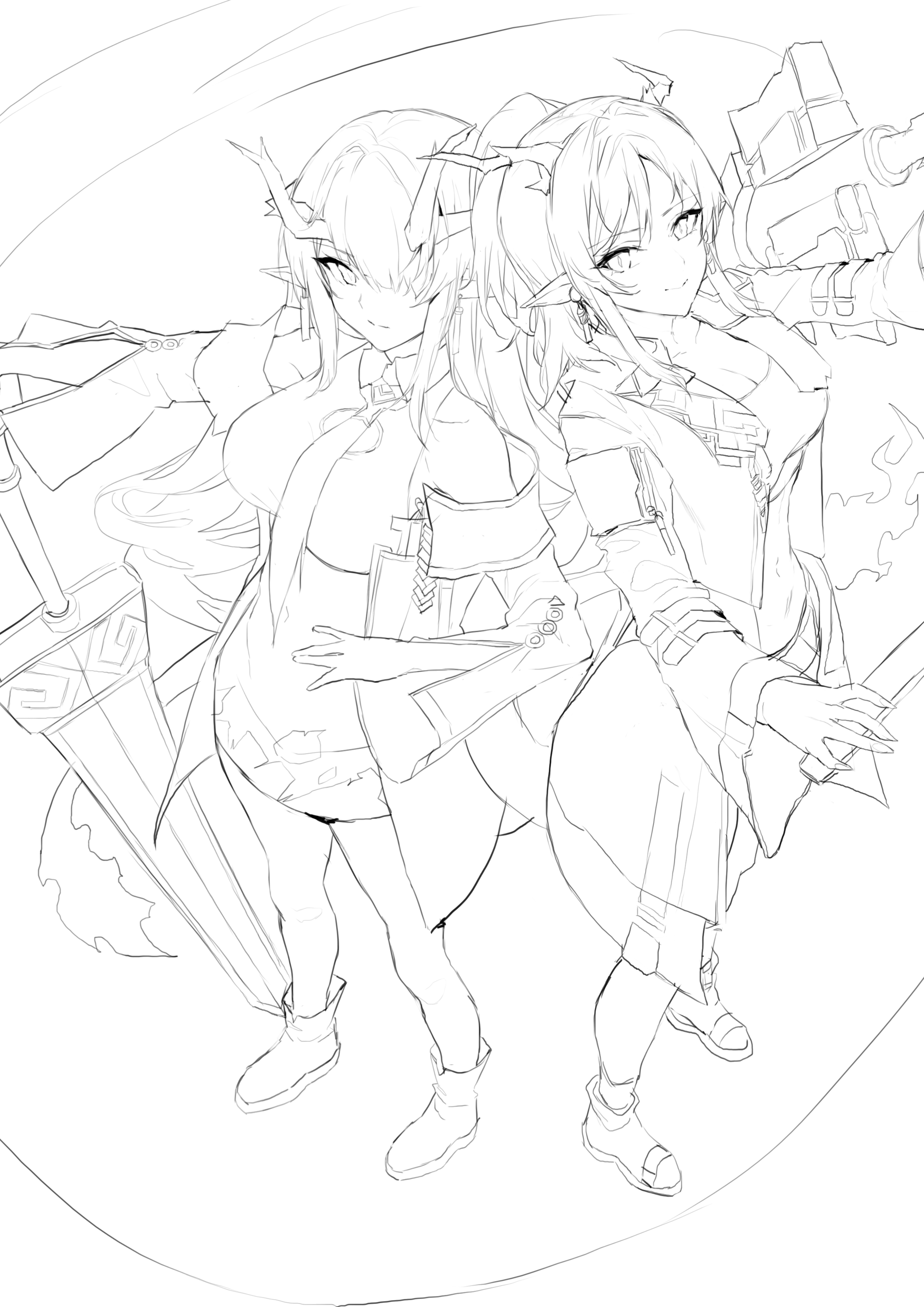 he image is a line drawing of two animestyle girls. they appear to be fantasy characters, possibly demons or devils, indicated by their horns. one girl holds a large sword, and the other holds a gun. they are posed in a dynamic way, interacting with each other. the style is reminiscent of manga or anime illustrations. the drawing is done in black and white, with a focus on clean lines and shading.