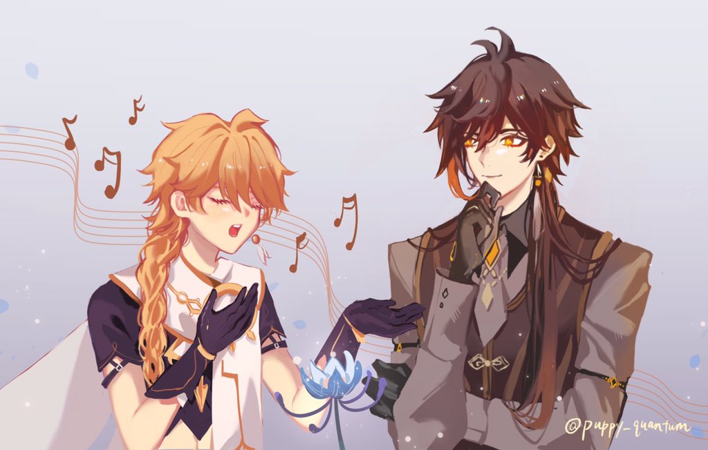 this is an illustration of two anime boys singing together. the boy on the left has golden hair and is wearing a white and purple outfit. he is singing with his eyes closed. the boy on the right has brown hair and is wearing a brown and gray outfit. he is looking at the boy on the left with a smile. there are musical notes floating around them.