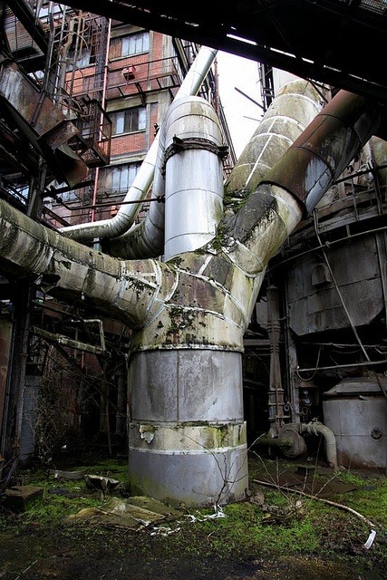 the image shows a network of large, weathered metal pipes in an abandoned industrial setting. the pipes, covered in rust and grime, dominate the composition, rising from the ground like a metallic tree. a multistory building with broken windows is visible in the background, further emphasizing the sense of abandonment and decay. the overcast lighting adds to the somber atmosphere.  overall, the image evokes a sense of postindustrial decline and the passage of time.