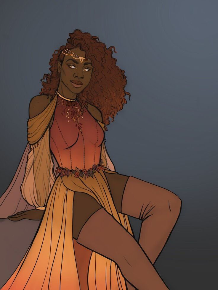 the image is a digital painting of a darkskinned woman with long, curly auburn hair. she is wearing a beautiful, long orange and red gown with a golden headband and other jewelry. the dress is elegant and flows beautifully around her. she is sitting and posing confidently, looking directly at the viewer. the background is a simple, muted bluegray color that contrasts nicely with the warm tones of the dress and the woman's skin. the style of the art is reminiscent of fantasy art, with a focus on detail and beauty.