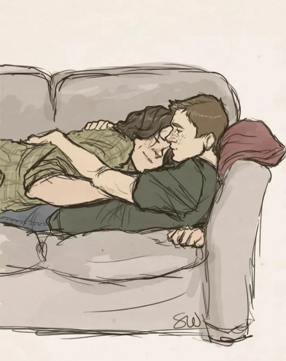 a softly lit, pencil sketch of two men cuddling on a couch. the man on top has dark, slightly wavy hair and freckles. he has his arms wrapped around the other man, whose face is mostly obscured. he is wearing a plaid shirt. the couch is simple and gray. the image evokes a sense of peace and intimacy.