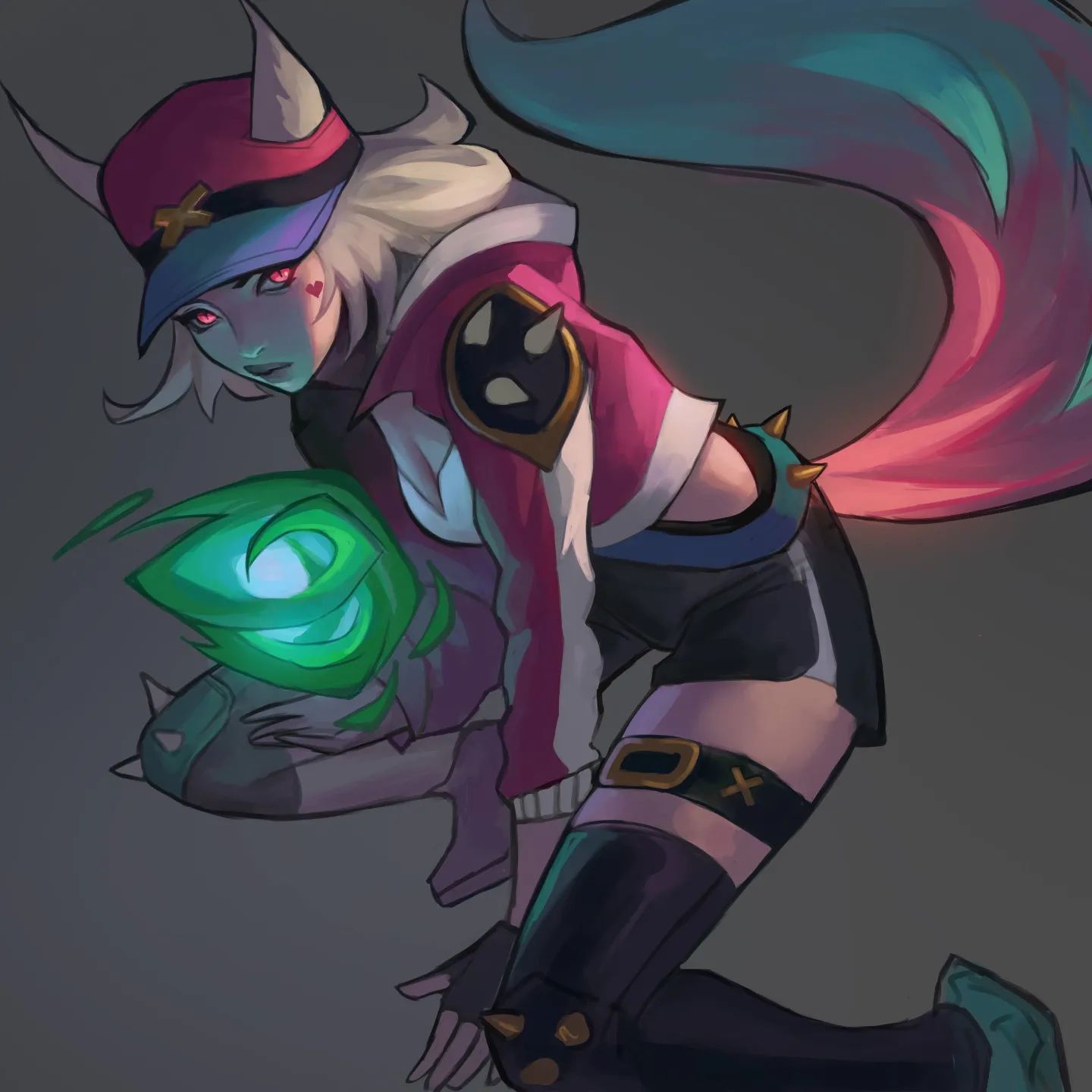 the image is a dynamic piece of digital fanart depicting a female animestyle character. she is styled in a cyberpunkinspired outfit with a popstar flair, reminiscent of the k/da group from league of legends. she has foxlike ears and a vibrant, multicolored tail. the character is wearing a pink and white jacket with black shorts and thighhigh boots. her outfit is accessorized with studded details.  she holds a glowing green energy weapon or orb. the overall style is bright and neon, with a focus on dynamic posing and strong colors. the background is a muted gray, making the character pop visually. the art style is sleek and polished, suggesting a professional or semiprofessional digital artist's work.