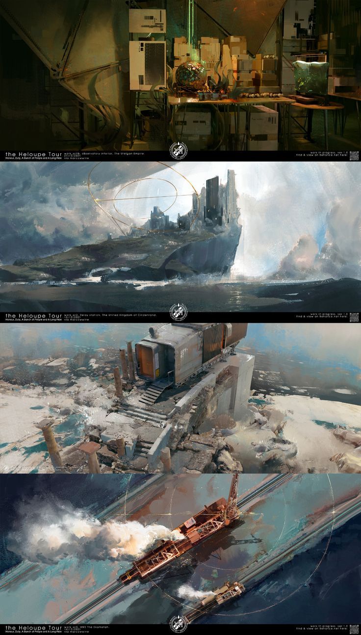 the image is a fourpanel concept art piece, likely for a science fiction video game or film. it depicts various scenes within a world that seems to be a mix of advanced technology and decay.  the artwork uses a painterly, atmospheric style with muted colors.panel 1 shows a cluttered, possibly scientific or laboratory, setting. panel 2 showcases a large, partially submerged structure resembling a floating island or a futuristic ship, surrounded by water. panel 3 depicts ruins and a train car, suggesting a postapocalyptic or abandoned setting. panel 4 shows a steampowered train or vehicle travelling along a track, emphasizing movement in contrast to the stationary or ruined elements.  the overall impression is one of mystery and a blend of advanced technology with a sense of ruin and decay. the consistent style and title "the heliouse tour" suggest it's part of a series showing different locations within the same imagined world.