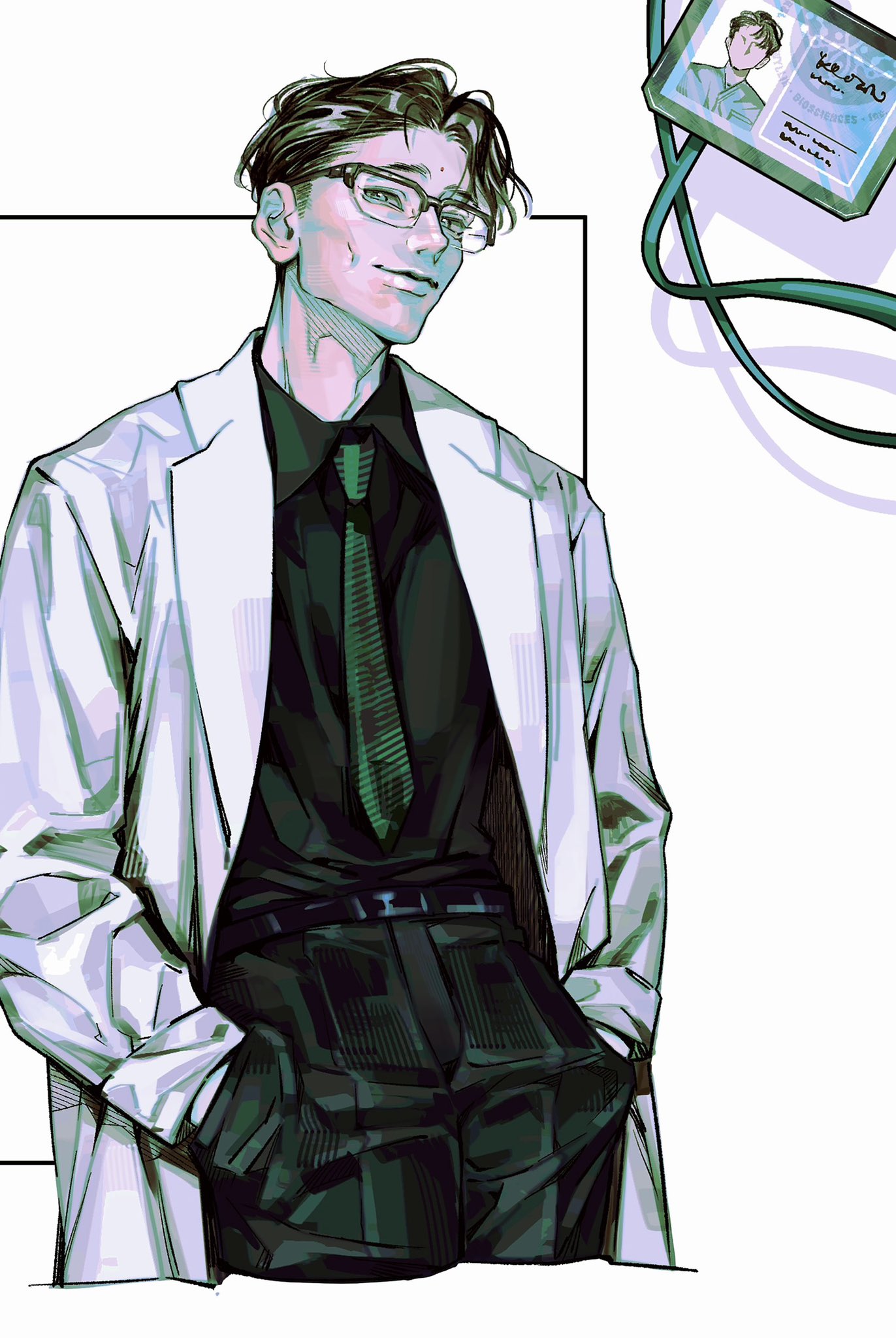 the image features a stylized illustration of a young man dressed in attire suggestive of a doctor or scientist. he wears a white lab coat open over a black buttonup shirt and dark patterned pants. a green tie adds a pop of color. he has short, dark hair and wears round glasses. he has a pleasant expression and his pose is relaxed with his hands in his pockets. the background is largely blank, focusing attention on the figure. a closeup of an id badge on a lanyard is included, suggesting a medical or scientific setting. the overall style is contemporary and slightly edgy.