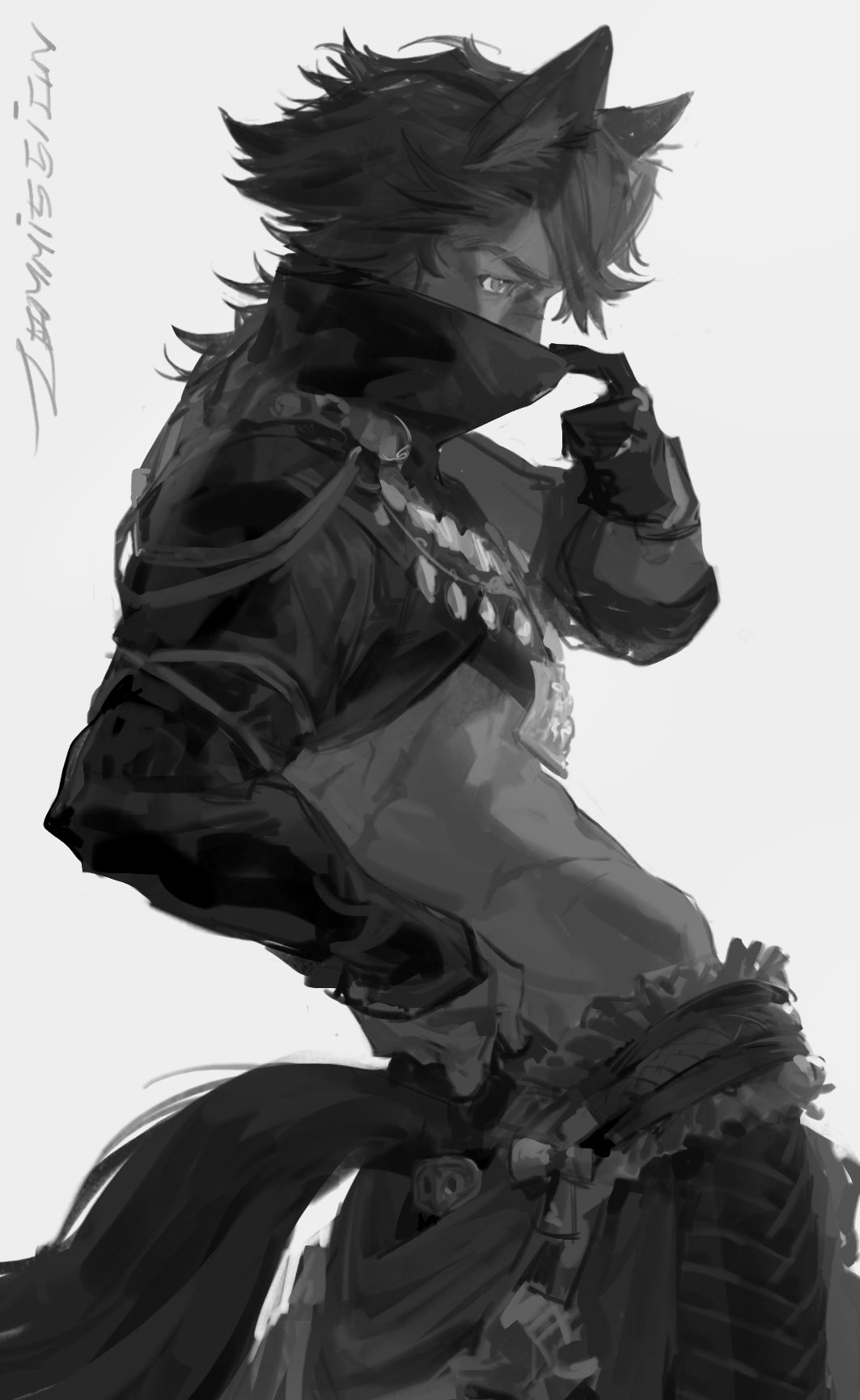 a grayscale digital painting of a fantasy anime character with wolf ears and a fur coat. the character is looking to the left, a hand over their face, revealing the intense look in their eyes. the background is a light gray.