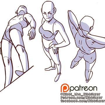 this is a sketch of three women in different poses. the one on the left is lying on her side. the one on the right is bending over. the one in the middle is standing with one hand on her hip. they are all drawn in a simple, line art style. the artist's signature is visible on the bottom right, with a link to their patreon.