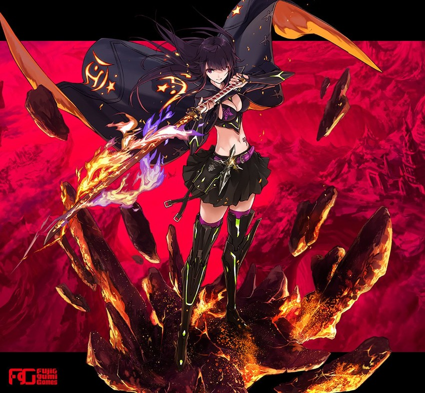 a fierce female anime character stands atop a fiery, rocky hand, brandishing a flaming sword.  her long black hair flows behind her, and her attire suggests a warrior or magical heroine. the scene is set against a vibrant red backdrop, with dynamic lighting emphasizing the action and danger of the moment. the low angle perspective enhances her powerful presence.