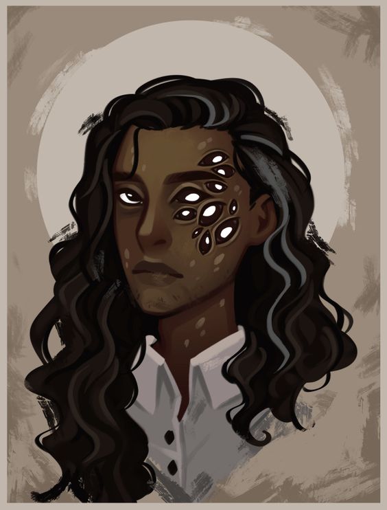 this is a painting of a man with long dark hair. the most notable feature is the cluster of eyes on the side of his face, just above his cheekbone. the remainder of the painting utilizes a muted, earthy palette.