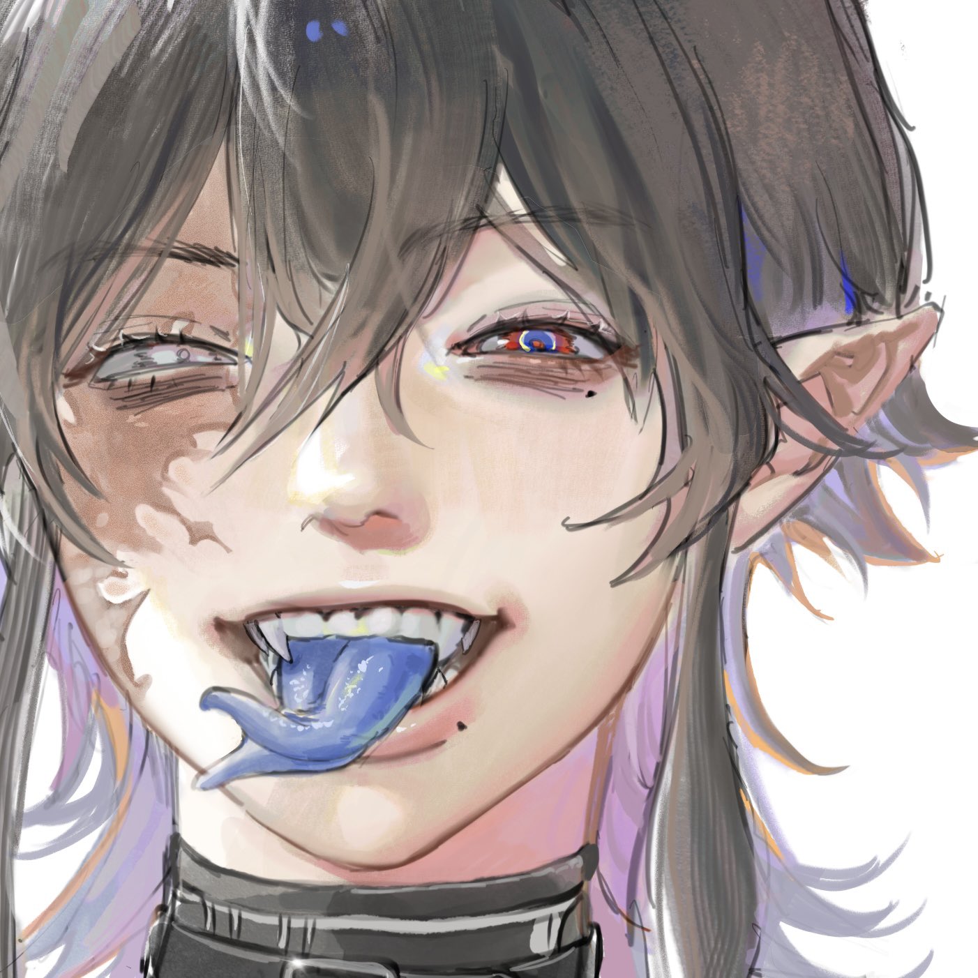 the image shows a closeup portrait of a young elflike man. he is drawn in an anime style with exaggerated features such as sharp teeth, long blue tongue, and pointed ears. he has dark hair and a mischievous expression on his face.  he wears a black choker. the drawing uses soft lighting and a muted color palette.