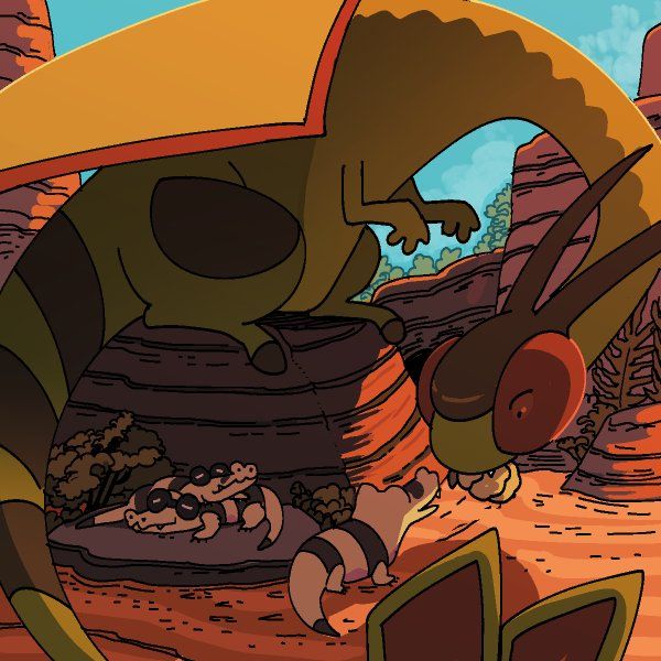 the illustration depicts a large, cartoonish lizard or dragonlike creature perched on a rock formation in a desert or canyon setting.  the larger reptile appears to be a parent, and several smaller, baby lizards are nestled near it on another rock. the scene is bathed in warm, sunny colors, and the style is reminiscent of animation or a graphic novel. the overall impression is one of family and a sense of protection. the color palette is largely warm oranges, browns, and yellows, contrasting against cooler blues and greens in the background.