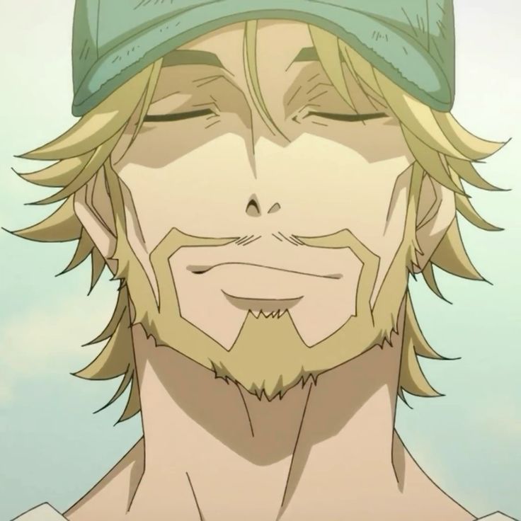 this is an animestyle illustration of a man with blonde hair, a beard, and a baseball cap, he is smiling with his eyes closed.