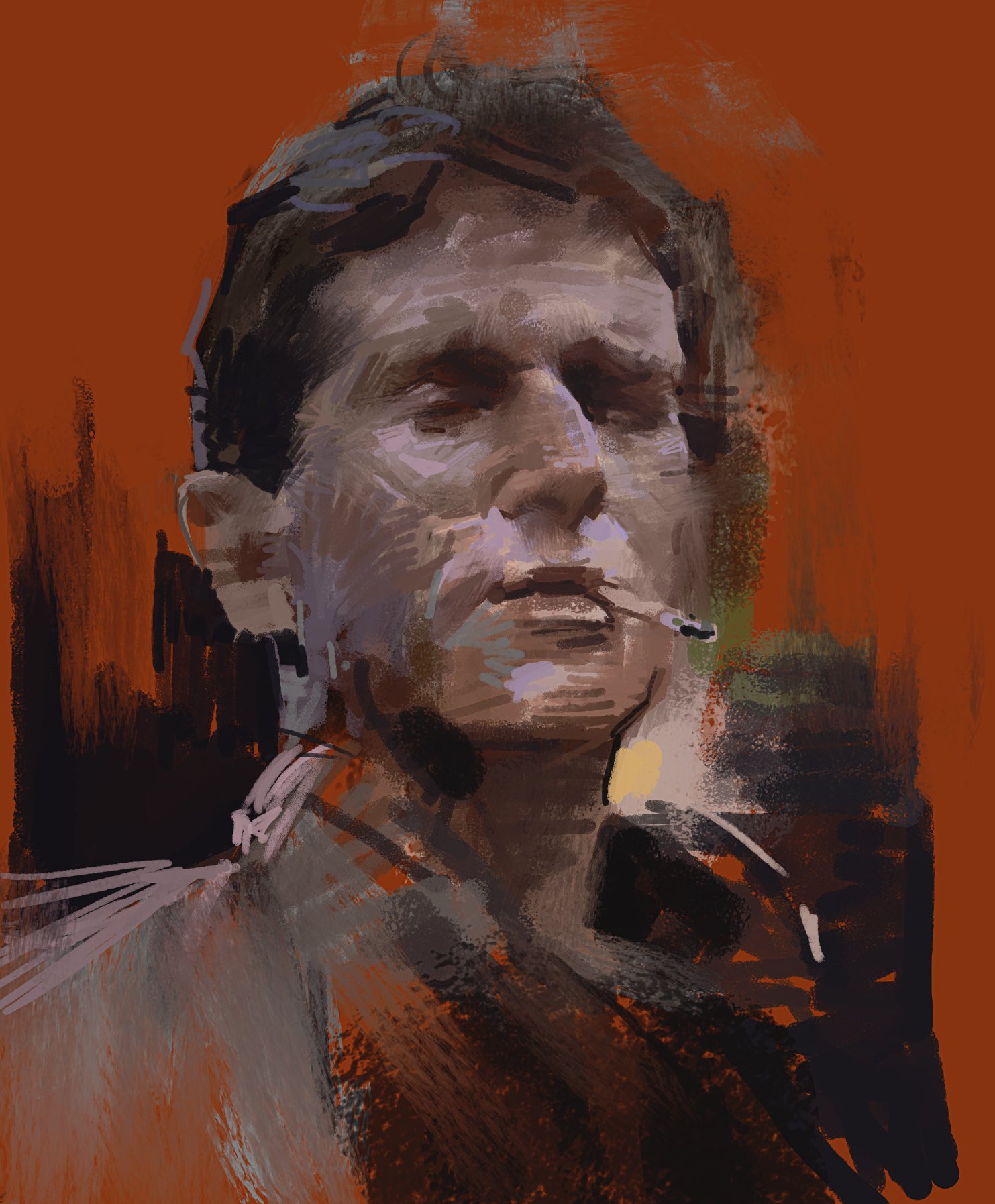 a digital painting of a man smoking a cigarette. he is looking down with a thoughtful expression. the painting is in a dark, moody style with brushstrokes and textures.  the background is a warm, orangered color.