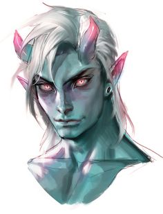 the image is a closeup portrait of a male demon.  he has pale blue skin, white hair, and pink horns.  his eyes are red and he has a mischievous expression on his face.  the background is white.