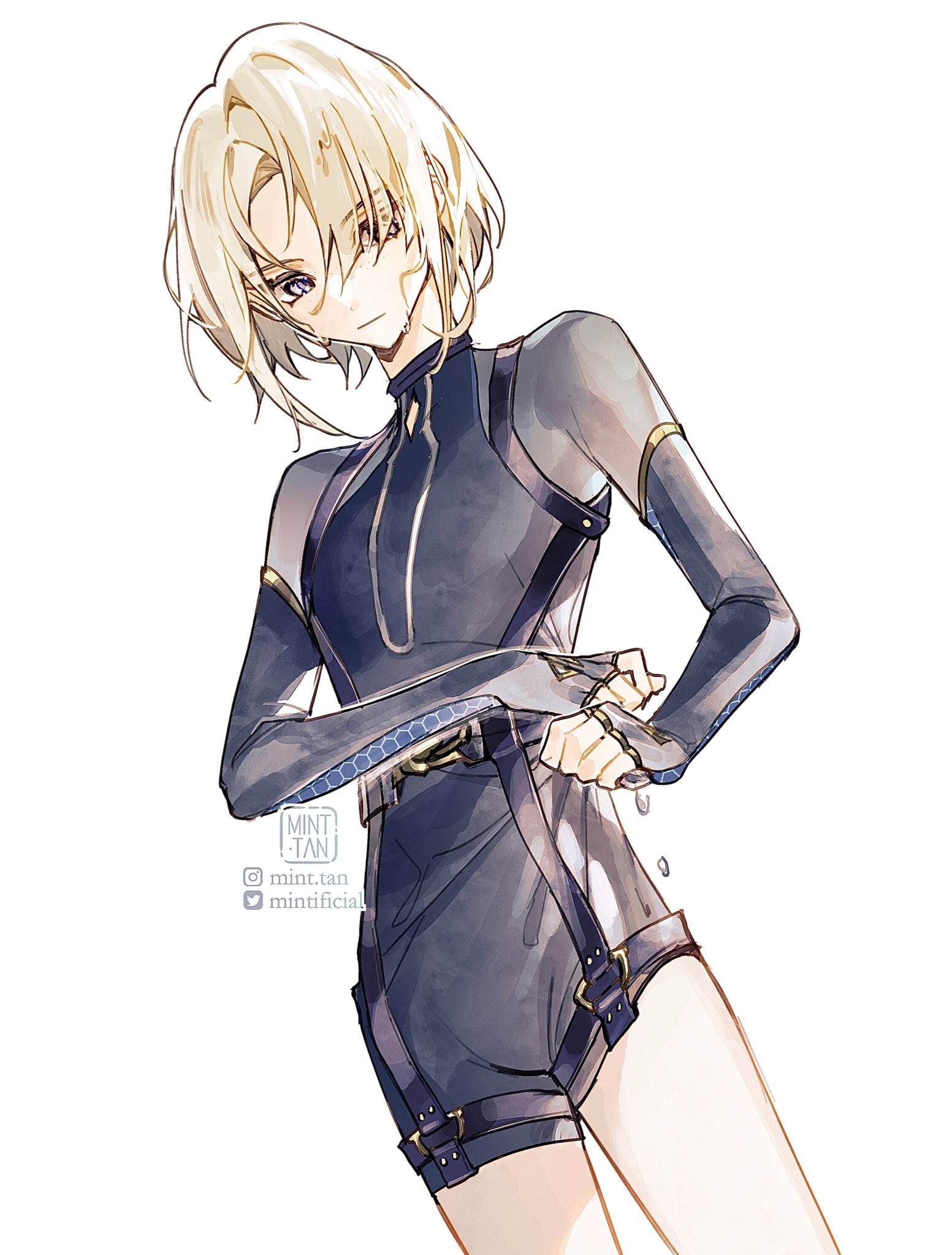 a digital art illustration of an anime girl with blonde hair and blue eyes. she is wearing a black and blue futuristic outfit with straps. the image is drawn in a style that is common in anime and manga.