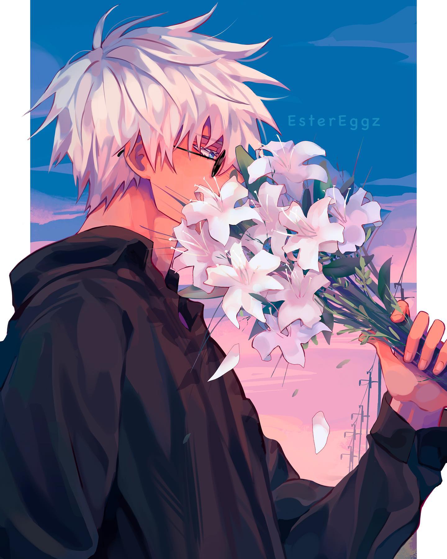 the image is a digital painting or illustration in an anime style. it depicts a young man with long, white hair and glasses, wearing a darkcolored jacket. he is holding a large bouquet of white lilies, which he's smelling. the background features a beautiful sunset or dusk scene with a soft color palette of purples, pinks, and oranges.  the overall mood is serene and slightly melancholic. the art style is soft and painterly, with a focus on light and shadow.  the artist's signature, estereggz, is visible in the upper right corner.