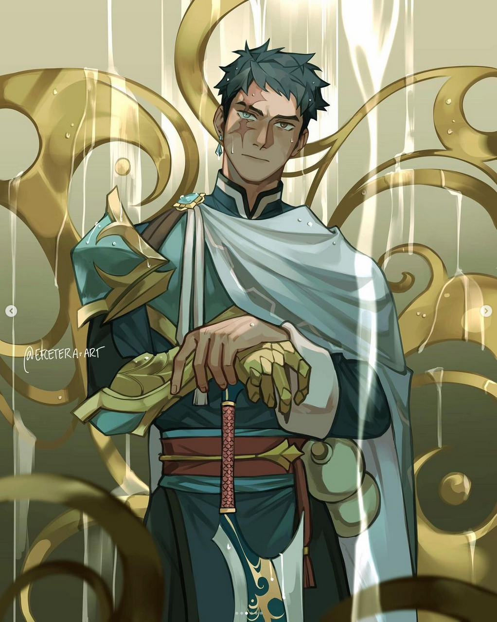 the illustration features a male character, likely a warrior, standing against a backdrop of golden, swirling patterns that evoke a sense of magic and rain.  he wears an intricate blue and white robe with gold accents, suggesting a noble or powerful status.  his left arm is encased in elaborate gold armor with blue detailing.  the character’s expression is stoic and composed as he stands amidst a gentle downpour.  the lighting is soft yet dramatic, casting shadows that emphasize his strong features and creating a sense of depth.