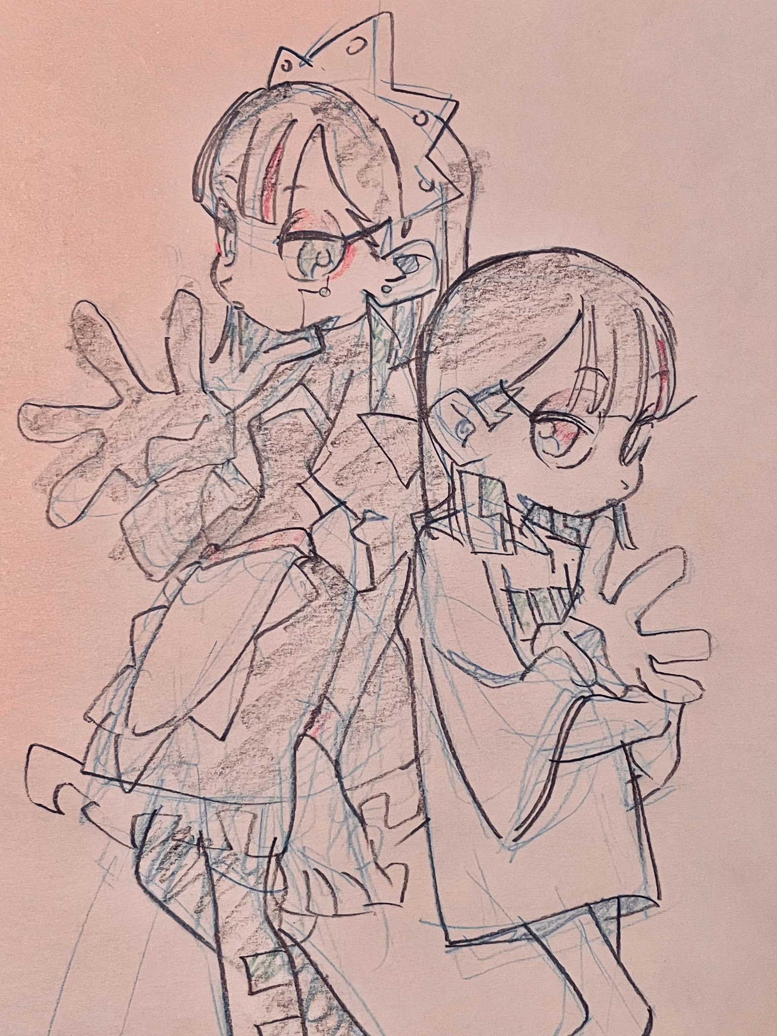 a sketch of two girls, drawn in a cartoon/anime style, are posing back to back. one girl has long black hair in pigtails and is wearing a gothic lolita style dress, the other girl has short black hair and is wearing a long jacket over a dress.  both girls are drawn with large eyes and small bodies, giving them a "chibi" appearance.