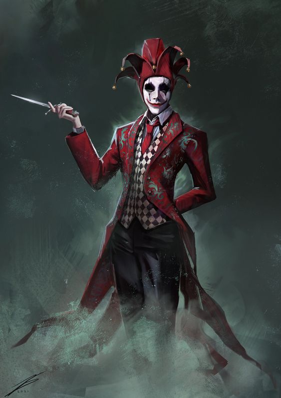 the image showcases a sinisterlooking jester shrouded in a haze of dark green mist. dressed in an elaborate red and black outfit, the jester stands with a dagger in hand. his attire features intricate patterns, a checkered vest, and a menacing red and white mask. the overall ambiance is dark and ominous, hinting at a hidden danger beneath the jester's playful facade.