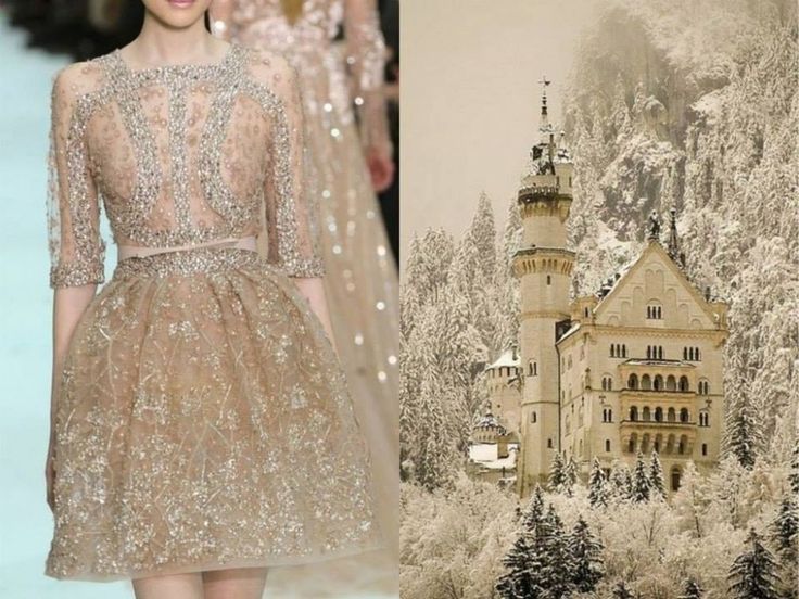 a woman is wearing a glittering, sheer gold dress on a runway. on the right side of the image, a snowy winter scene with a fairytale castle and trees.