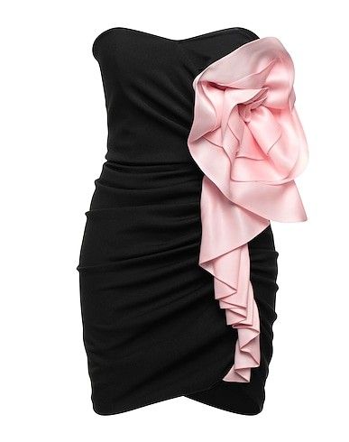 a black strapless mini dress with a large pink ruffle detail on one side. the dress has a ruched design on the front.