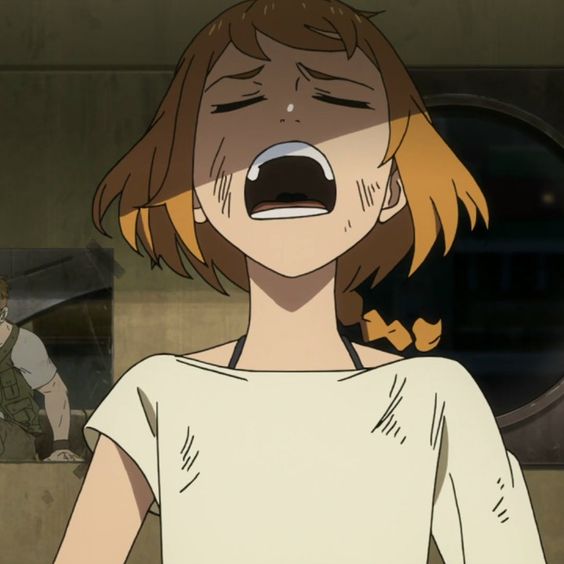 the image shows a young, animestyle woman with short, light brown hair pulled back in a braid. she is crying out, her eyes closed tight and mouth wide open. her face is flushed, and there are streaks of dirt or grime on her cheeks and chin. she is wearing a simple, offwhite, shortsleeved shirt with visible wrinkles and dirt smudges. the background is a blurred and indistinct interior space, rendered in muted browns and grays, suggesting a somber and possibly desolate atmosphere.