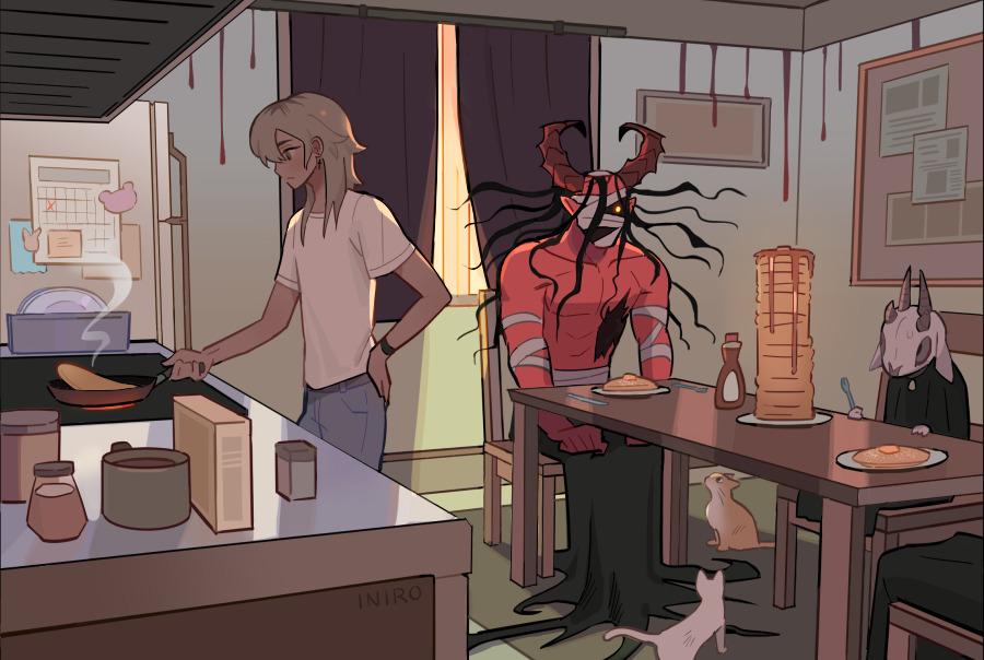 the image depicts a cozy kitchen scene at sunset. a man with long blonde hair is cooking at the stove, facing away from the viewer. he seems to be making pancakes, as a stack sits on the table behind him alongside a bottle of syrup.  seated at the table are a demon with long black hair and red skin, and a small goatlike creature dressed in black. the demon appears forlorn, staring blankly at the towering stack of pancakes in front of him. the goat creature, on the other hand, seems content, enjoying a single pancake. two cats, one white and one orange, complete the scene. the kitchen is somewhat messy, with blood splattered on the walls, hinting at a chaotic past or perhaps the demon's lessthanrefined eating habits. the overall atmosphere, however, is one of domesticity and even a touch of humor.
