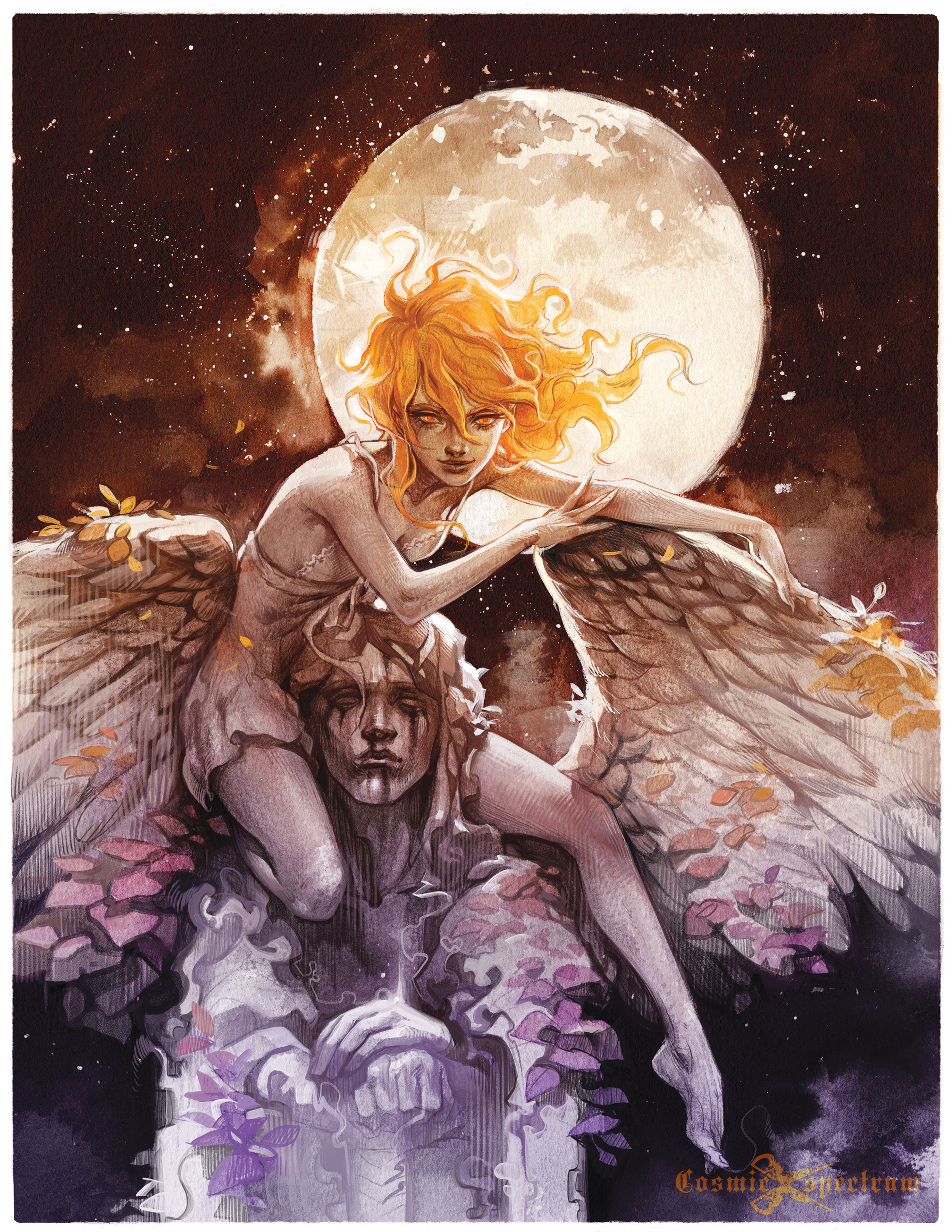 the artwork depicts a young, winged woman with fiery orange hair perched atop a weathered stone statue or tomb in a graveyard.  she has an ethereal and melancholic air about her.  a large, full moon illuminates the scene, casting a soft glow on the angel and her surroundings.  autumnal leaves and purple flowers adorn the tomb and the angel's wings. the overall mood is dark, romantic, and suggestive of themes of death, memory, and perhaps loss or grief. the artistic style is reminiscent of watercolor and fantasy illustration, with soft blending and atmospheric effects. the angel's expression is pensive and suggests a sense of profound emotion. the artwork possesses a strong gothic and mystical aesthetic.