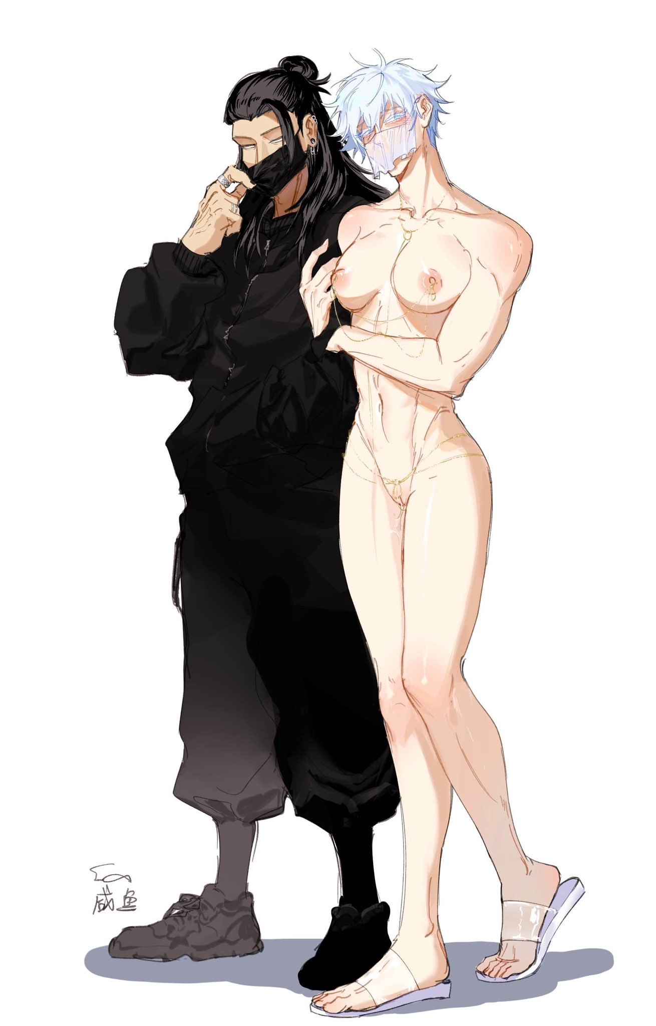 he image is an illustration of two animestyle men. one man is wearing dark clothing and a face mask, while the other is nude from the waist up and has white hair.  they are standing close together, in an intimate pose, with a suggestion of romantic or affectionate interaction. the style is loose and expressive, with a focus on character design and emotion. the background is plain white, drawing all attention to the figures.