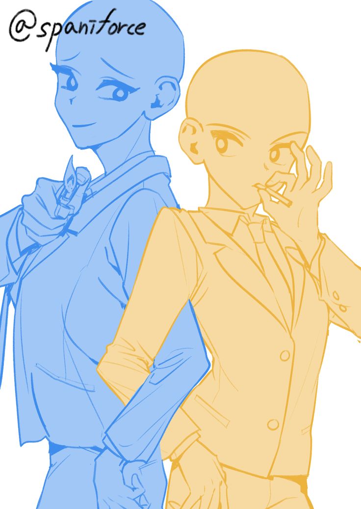 this is a drawing of two anime characters in suits. both are facing forward, with their arms crossed. the character on the left has a hand on the other character's chest. the character on the right has their fingers on their lips. the image is meant to be a base for drawing your own characters.