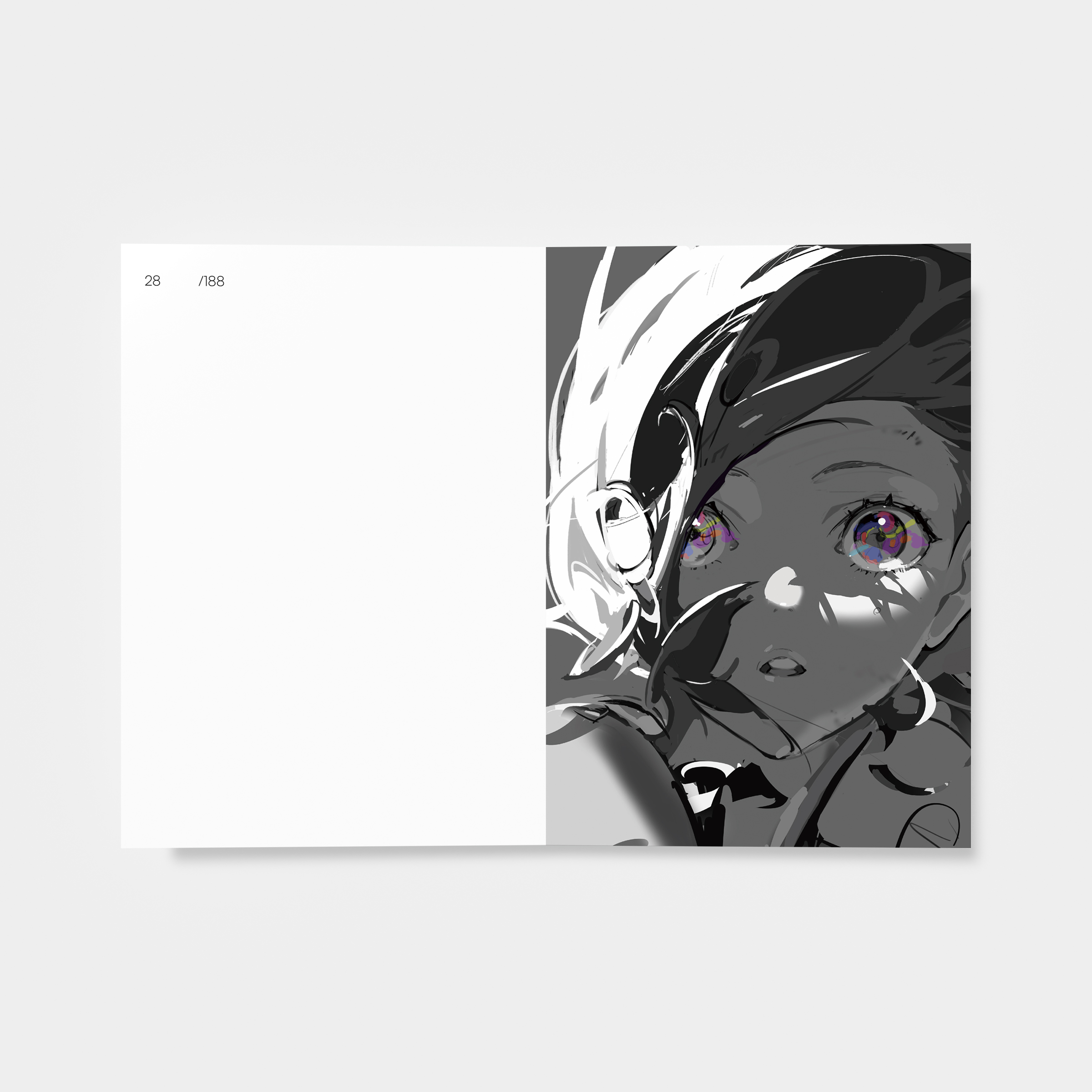 the image is a stylized black and white illustration of a girl's face and shoulders, likely in a manga or anime style. her eyes are the focal point, rendered with high contrast and pops of color, conveying a sense of wonder or surprise. the rest of the illustration uses a grayscale palette with dynamic linework and shading to create depth and texture. she wears a beret tilted over her head, adding to her character. the background is minimal, focusing attention on the girl's expression.