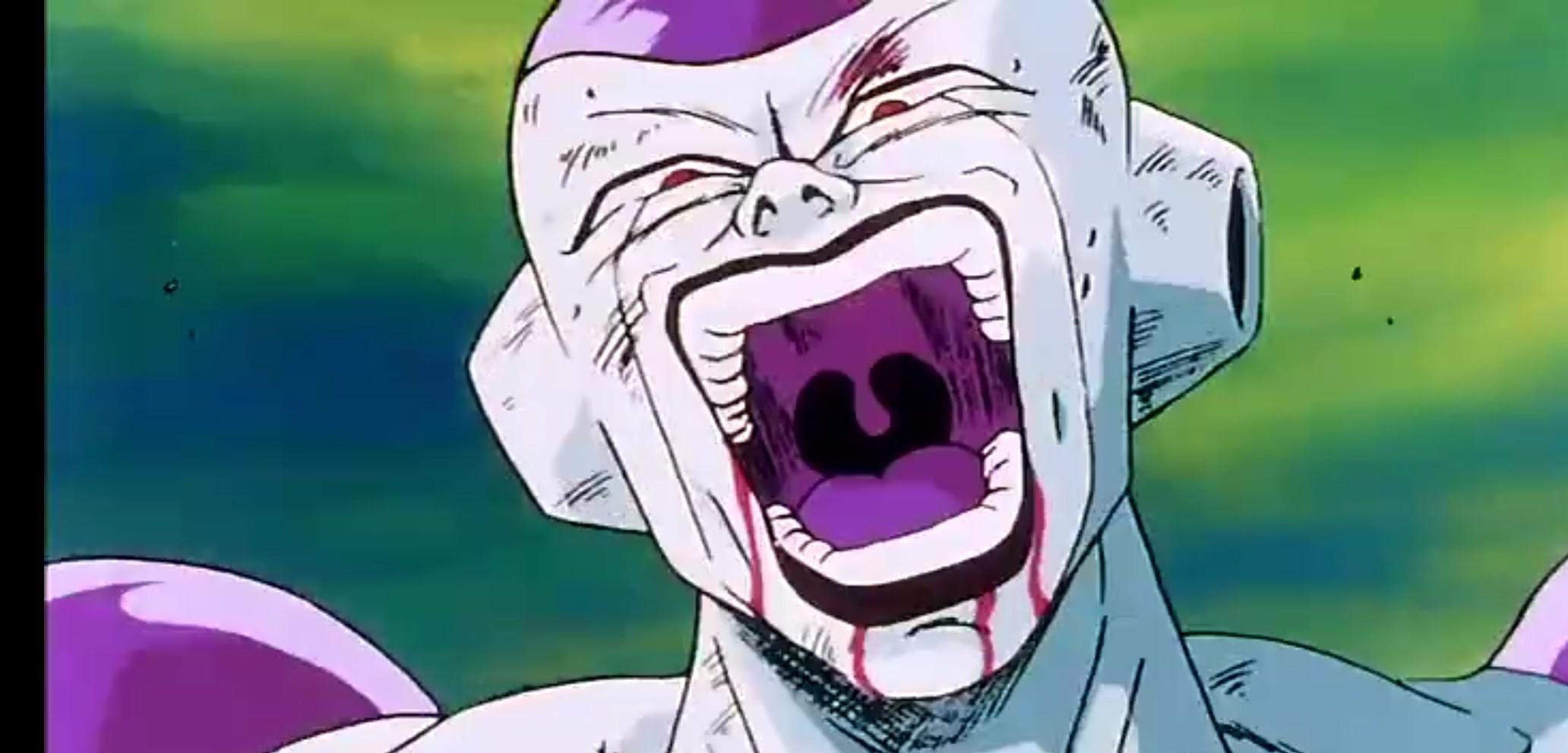 the image is a closeup shot of frieza from dragon ball z.  he's in his final form, severely injured and bleeding profusely from his face and mouth. his mouth is wide open in a silent scream, revealing his teeth and the dark purple of his throat. his eyes are wide and redrimmed, conveying intense pain and agony.  the background is blurred, focusing attention on frieza's distressed expression. the overall tone is violent and dramatic, depicting frieza's defeat.