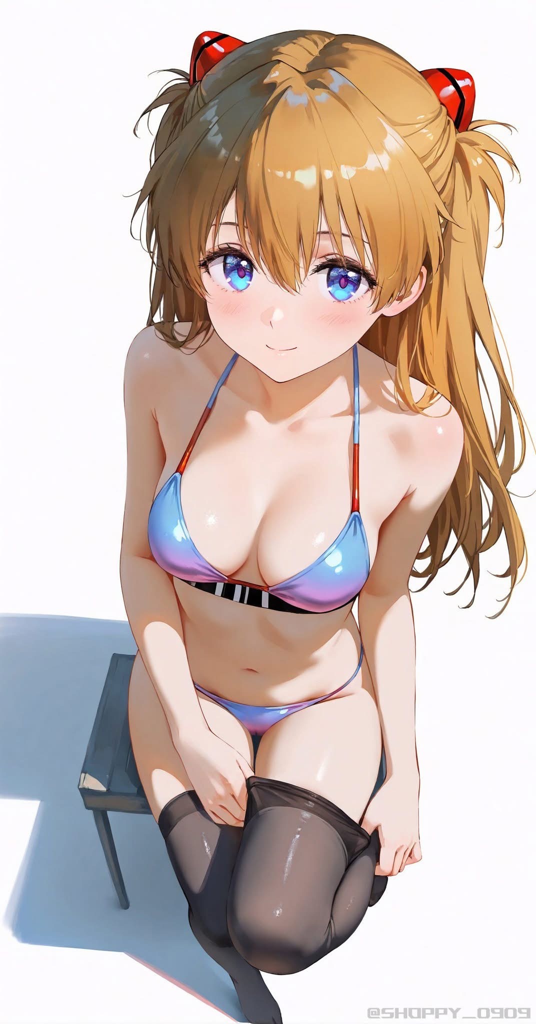 an animestyle illustration of asuka langley sohryu wearing a blue and purple bikini and black stockings. she is sitting on a stool while pulling up her stockings. she has long, blonde hair styled in pigtails and a red hair ribbon on each side of her head.
