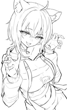 this black and white sketch shows a young woman from the chest up.  she has cat ears on top of her head and her hair is styled in a messy bob cut with bangs. her eyes are large and expressive, and she has a mischievous smile on her face. she is wearing a hoodie and her left hand is reaching towards the viewer, while her right hand is raised to her chest.  the fingers of her right hand are extended as if they are claws.