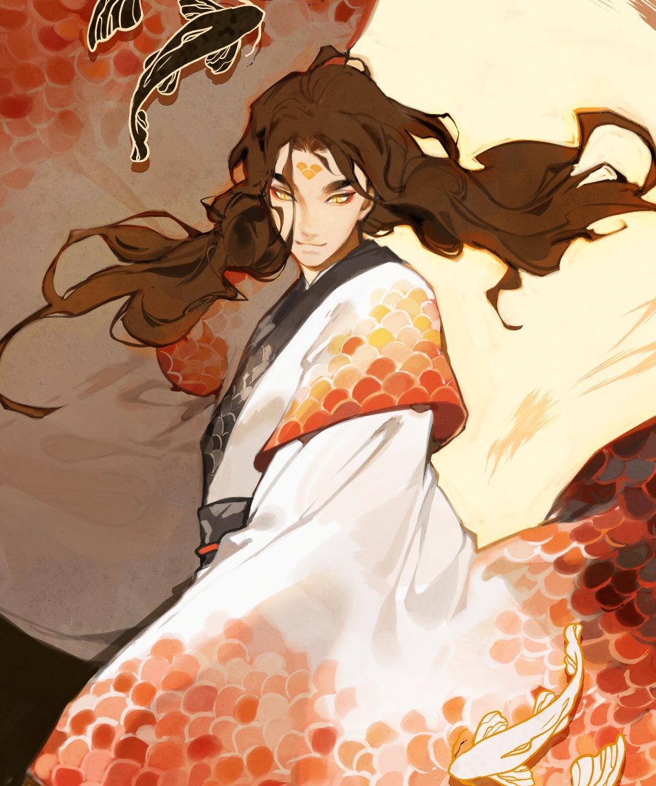 a digital art illustration featuring a man with long brown hair and yellow eyes. he is wearing a white robe adorned with a fish scale pattern in shades of red and orange. the background also features koi fish and a matching color scheme. the overall style is reminiscent of anime or fantasy art.