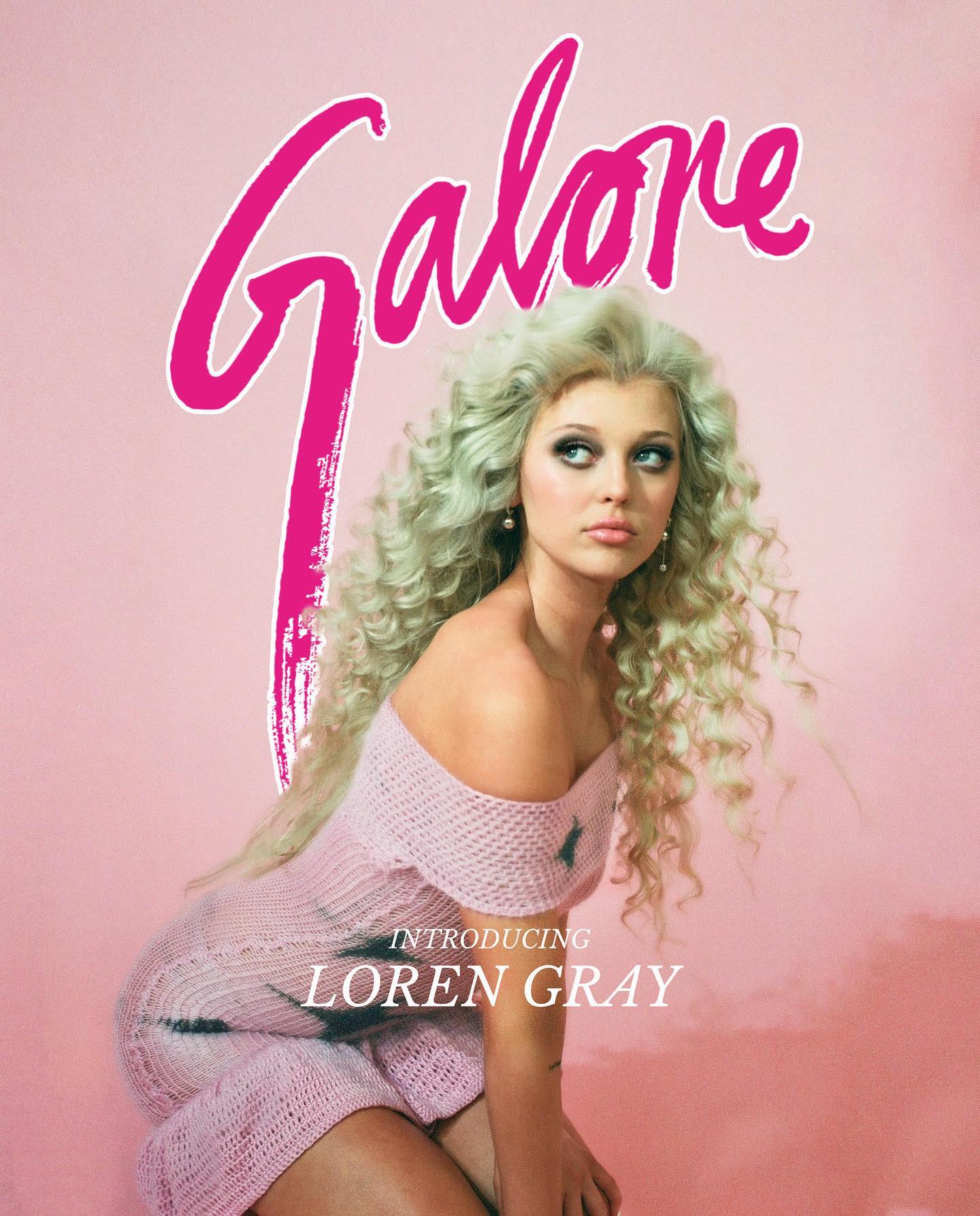a magazine cover featuring loren gray in a pink dress and with curly blonde hair against a pink background, with the magazine title "galore" in pink above her.