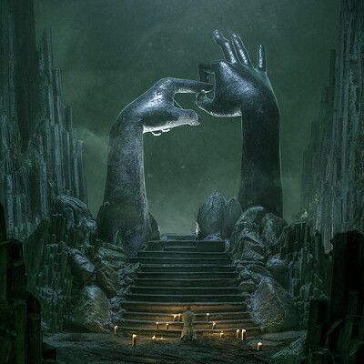 a surreal image of two massive stone hands reaching toward each other against a backdrop of a dark and mysterious forest. the hands are positioned in a way that they appear to be forming a gateway or a doorway.  the scene is filled with a sense of mystery and intrigue, with dark green foliage and mosscovered rocks surrounding the hands. a figure in white stands at the bottom of a stone stairway, facing the hands, adding a sense of scale and loneliness.  the overall impression is one of awe, wonder, and a sense of the unknown.