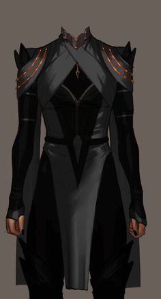 this is a digital illustration of a sleek, dark grey, fantasy warrior top.  the garment has a high collar, sharp shoulders with bronze detailing and a long, flowing silhouette. the image is a fashion concept art for a female character.