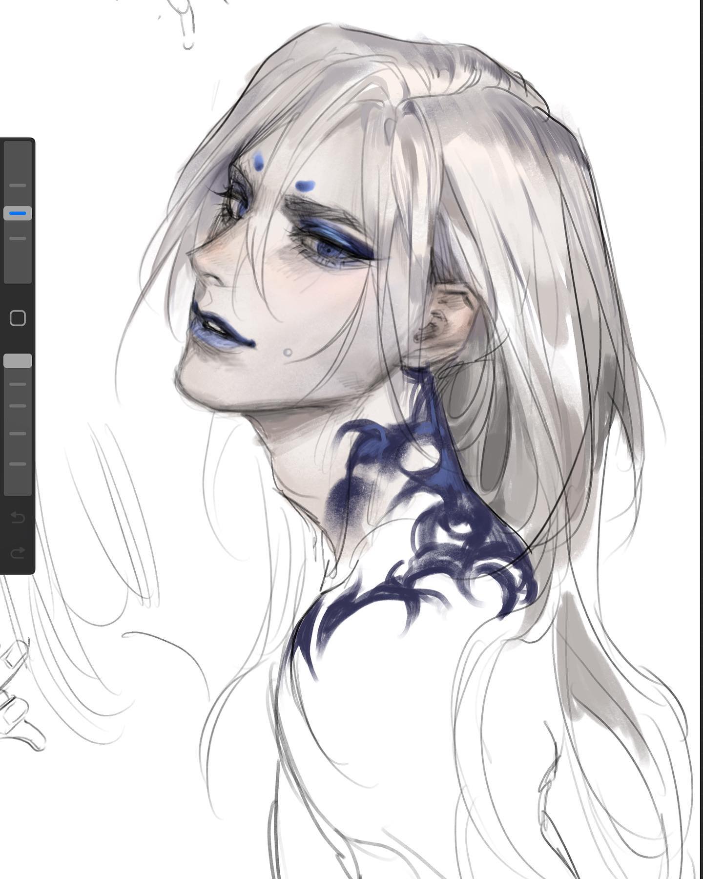 the image is a digital sketch of a young man with long, flowing white hair.  he is depicted in profile, with his head turned slightly to the left, giving the viewer a glimpse of his bluepainted lips curved into a subtle smile. he has striking blue makeup around his eyes and a swirling black and blue tattoo that peeks out from beneath his collarbone. his features are delicate and androgynous, conveying an air of ethereal beauty. the overall tone of the sketch is soft and dreamlike, emphasized by the use of light, muted colors.